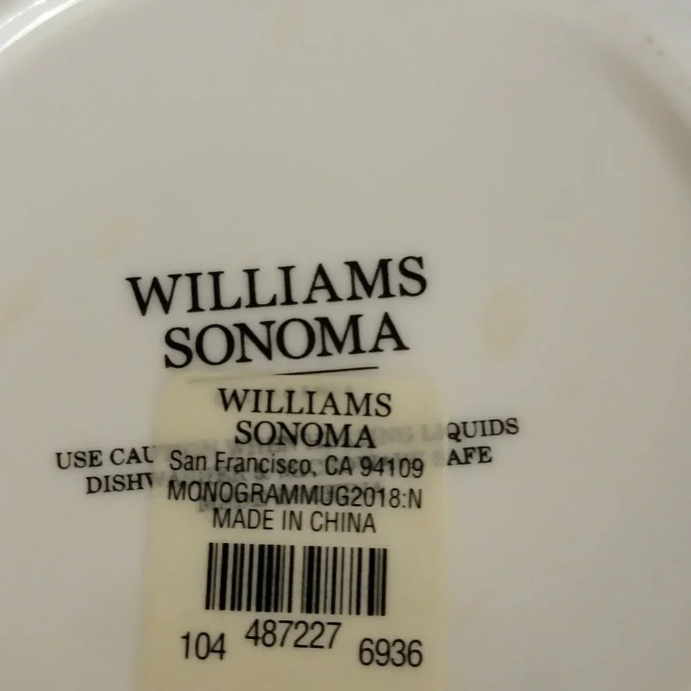 WILLIAMS SONOMA Initial Mug Letter “N” Monogram Coffee Tea Cup White Black